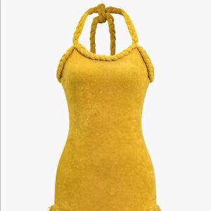 Yellow hand woven fringe mini dress